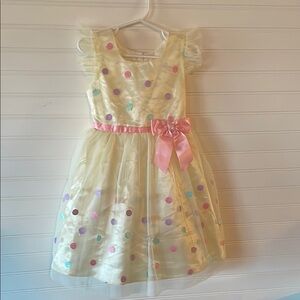 Light Yellow Dress with Colorful Polka Dots and Pink Bow